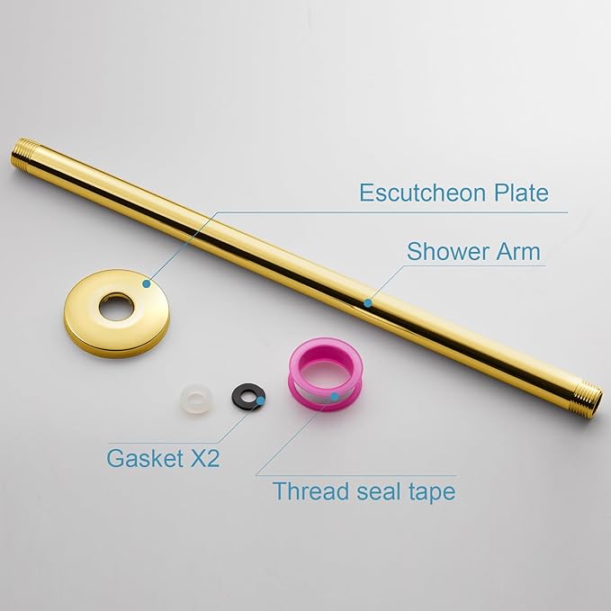 OFFO Shower Arm with Flange, Bright Gold 16 in Ceiling Mount Replacement Rain Shower Head Straight Arm Ceiling-Mounted For Fixed Shower Head & High Pressure Rain