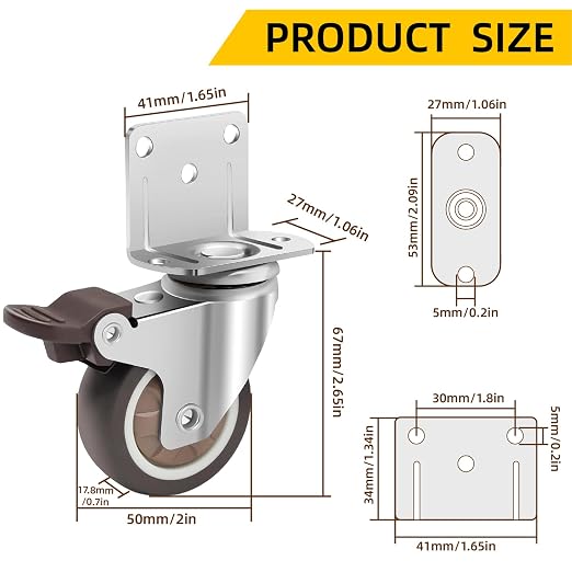 2 Inch Side Mount Casters Set of 4, 600 lb Capacity, 2 Brake 2 Swivel | Quiet - Image 2