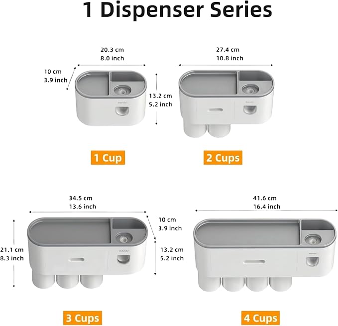 No-Drill Wall Mounted Toothbrush Holder, Bathroom Shelf, with Automatic Toothpaste Dispensers 4 Brush Hooks 2 Magnetic Cups 1 Cosmetic Drawer Organizer and Large Storage (1 Dispenser 2 Cups)
