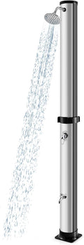 Goplus 10 Gallon Solar Heated Outdoor Shower, 7.2 FT Freestanding Outside Shower with Rotating Shower Head, Temperature Adjustment & Foot Shower, for Backyard Beach Pool SPA (Silver)