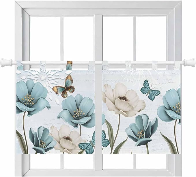 Blue Tulips Kitchen Curtains 36 Inch Length, Small Window Curtains Tab Top by Unknown