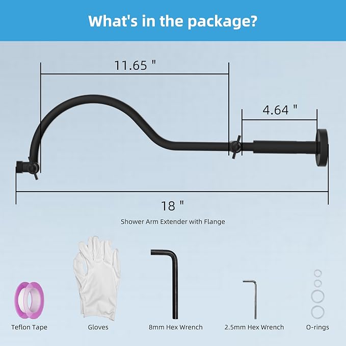 Hibbent All Metal Upgraded 18'' Shower Head Extension Arm, Shower Arm with Flange, Solid Brass Flexible Height & Angle Adjustable Shower Extender with Lock Joint, Universal Connection, Matte Black