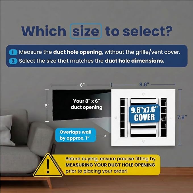 8x6 Inch Aluminum 3-Way Air Flow Vent Cover Wall or Ceiling – Quiet HVAC Wall - Image 2