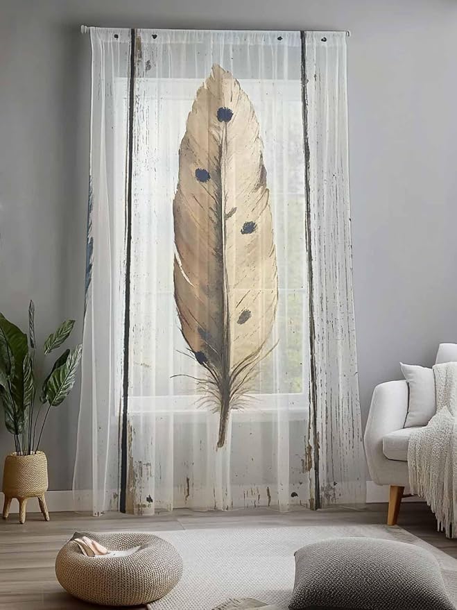 Sheer Curtains 108 Inches Long, Farmhouse Feather Semi Sheer Curtains Light - Image 2