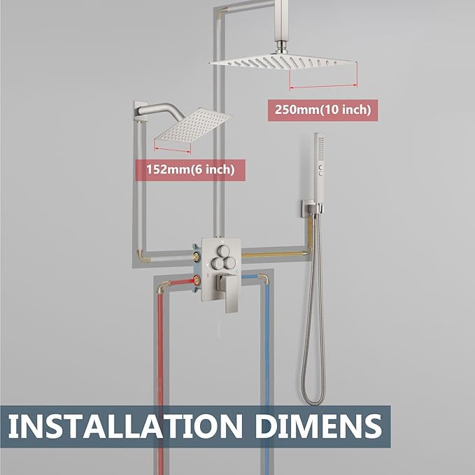 Aolemi Shower Faucet Set Ceiling Mount Shower System Rough-in Valve and Shower Trim Kit 10 and 6 Inch Dual Shower Head 2 in 1 Handheld Spray Push Button Diverter Brushed Nickel