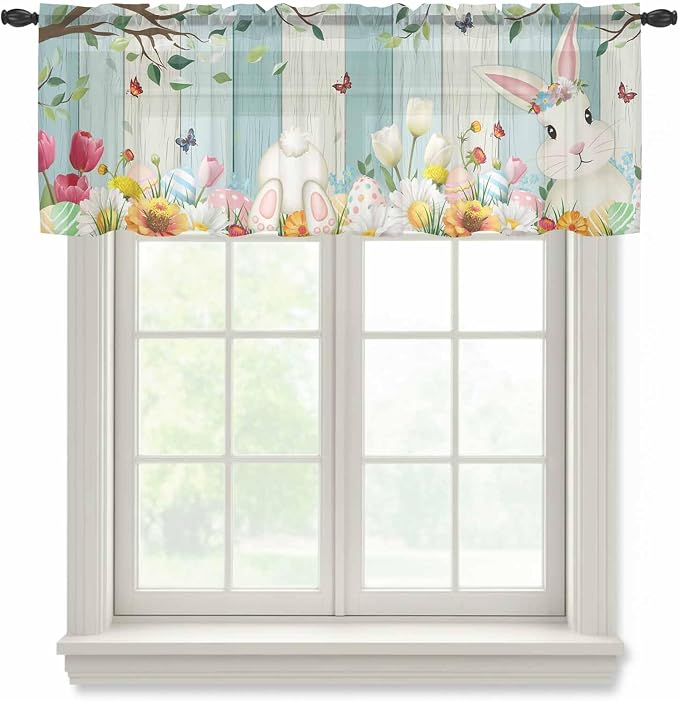 Easter Sheer Valances for Windows 42"x12", Light Filtering Kitchen Curtains by Unknown