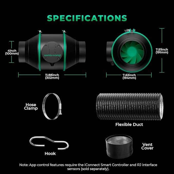 MARS HYDRO iFresh 4'' Inline Duct Fan Combo, Quiet Grow Tent Ventilation System - Image 4