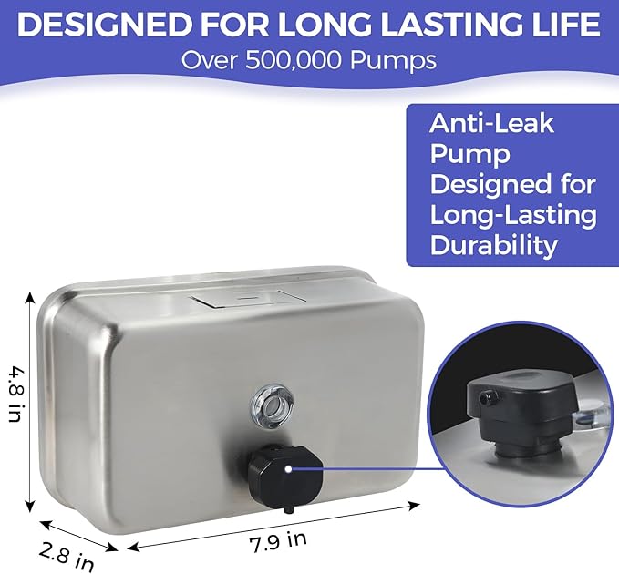 Heavy Duty Stainless Steel Wall Mount Soap Dispenser, 1100ml/37oz, with Corrosion Proof Lining and Anti-Leak Pump for Commercial & Home Bathroom Kitchen (Horizontal)