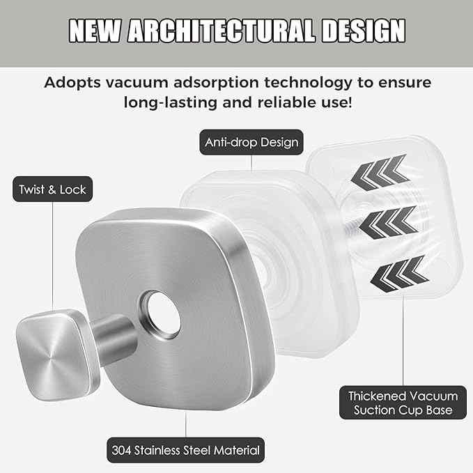 4Pcs Square Suction Cup Hook, 304 Stainless Steel Shower Hook, Removable Suction Cup Knob for Shower, Bathroom, Kitchen, Glass Door, Mirror (Silver)