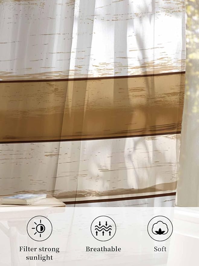 Sheer Curtains 108 Inches Long, Vintage Country Geometric Striped Privacy Voile - Image 6