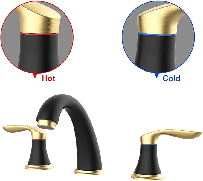 Bathroom Sink Faucet, Faucet for Bathroom Sink, Widespread Black and Gold Bathroom Faucet 3 Hole with Stainless Steel Pop Up Drain and cUPC Lead-Free Hose - (Black and Gold)