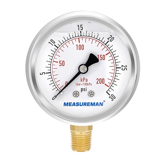 MEASUREMAN 2-1/2inch Dial Size, Oil Filled Pressure Gauge, 0-30psi/kpa by MEASUREMAN