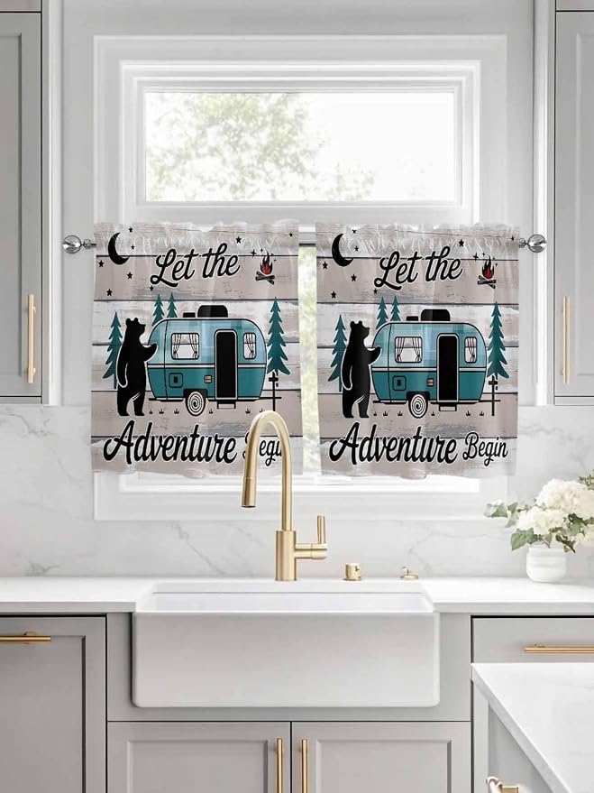 Farmhouse Bear Camper Van Tree Window Valance Curtains, Vintage Wood Grain by IDOWMAT