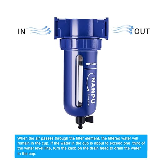 NANPU 1/2" NPT Compressed Air Filter, Zinc Alloy, 5 Micron Brass Element - Image 4