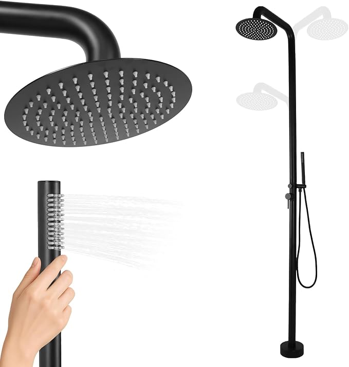 2-Function Poolside Portable Power Shower Floor Mounted Freestanding Black Poolside Shower with Handheld Sprayer for Backyard Garden/Pool/Beach Courtyard