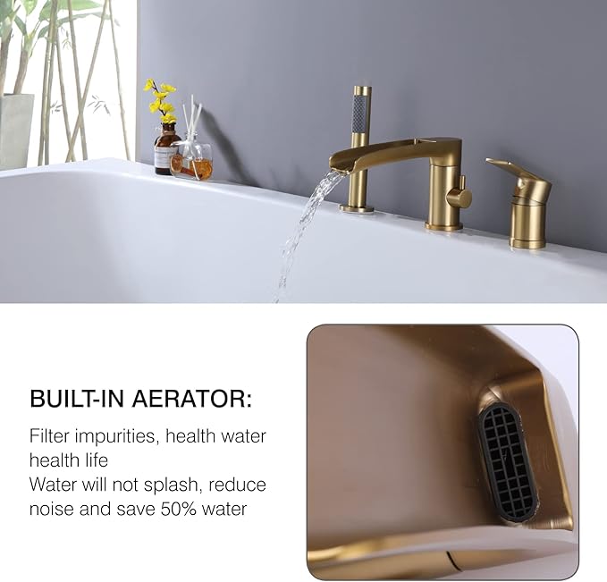 TapLong Waterfall Roman Tub Faucet with Hand Shower, Widespread Deck Mount Bathtub Faucet with Sprayer, Single-Handle 3-Holes Bathtub Shower Faucet Set in Brushed Gold, 03119BG