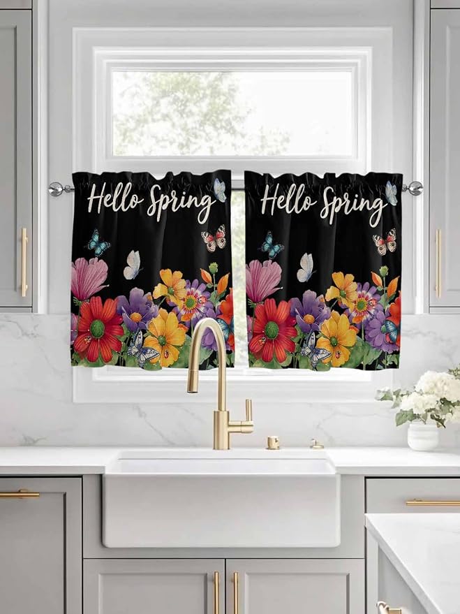Spring Flowers Half Window Curtains 24 Inches Long, Watercolor Country Colorful - Image 3