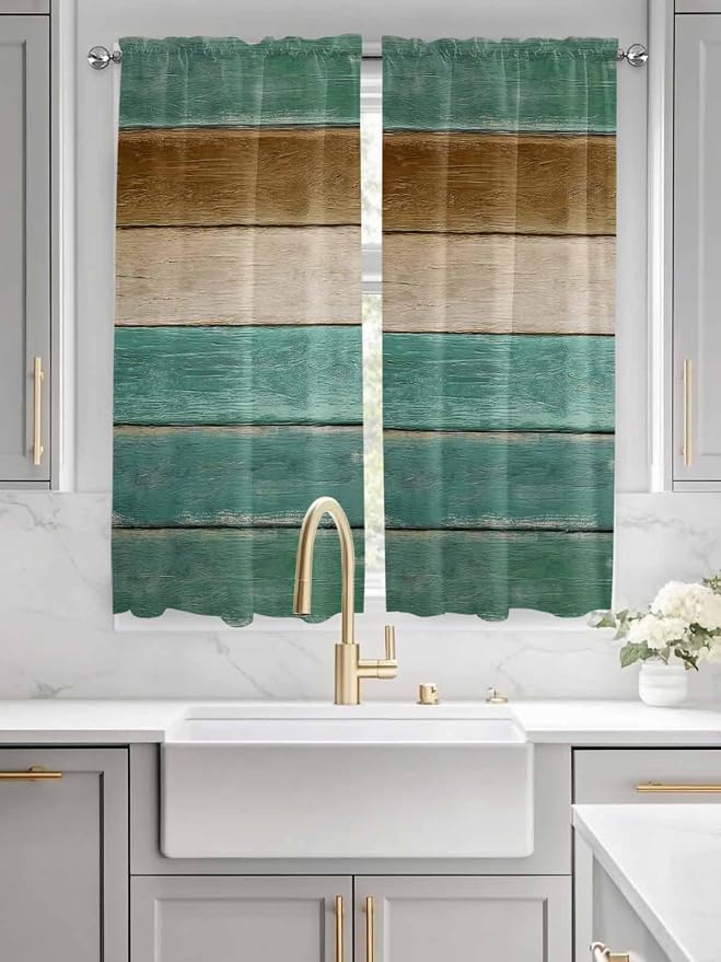 Vintage Plank Turquoise Brown Window Valance Curtains, Farmhouse Wood Grain - Image 3