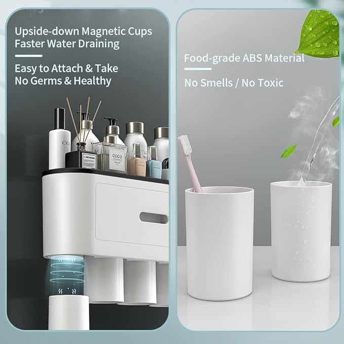 Toothbrush Holders Wall Mounted, Toothbrush Holder with Automatic Toothpaste Dispensers, 6 Brush Slots, 2 Magnetic Cups,1 Cosmetic Drawer Organizer and 1 Large Storage Tray