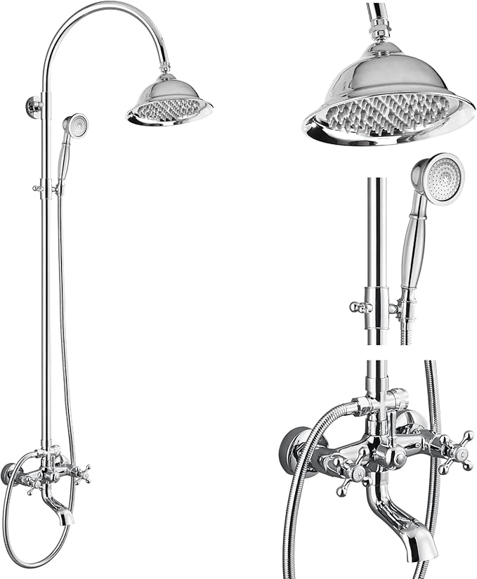 gotonovo Bathroom Classic Exposed Shower Faucet Wall Mount Shower System 8 Inch Luxurious Rainfall Shower Head Set with Tub Spout and Handheld Spray Double Cross Handles Polished Chrome