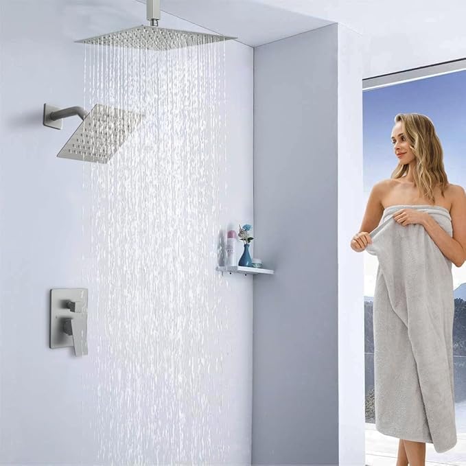 Shower Faucet Set Brushed Nickel Shower System, Ceiling Mount 10 Inch Shower Head with 6 Inch Wall Mount Shower Head, Knob Switch Diverter Shower Faucet, Rough-in Valve Body and Trim Included