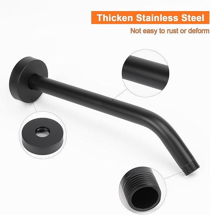 HarJue Shower Arm with Flange and Teflon Tape, Wall Mounted Shower Pipe 304 Stainless Steel Extension Arm for Fixed Shower Head & Handheld (12 Inches, Matte Black)
