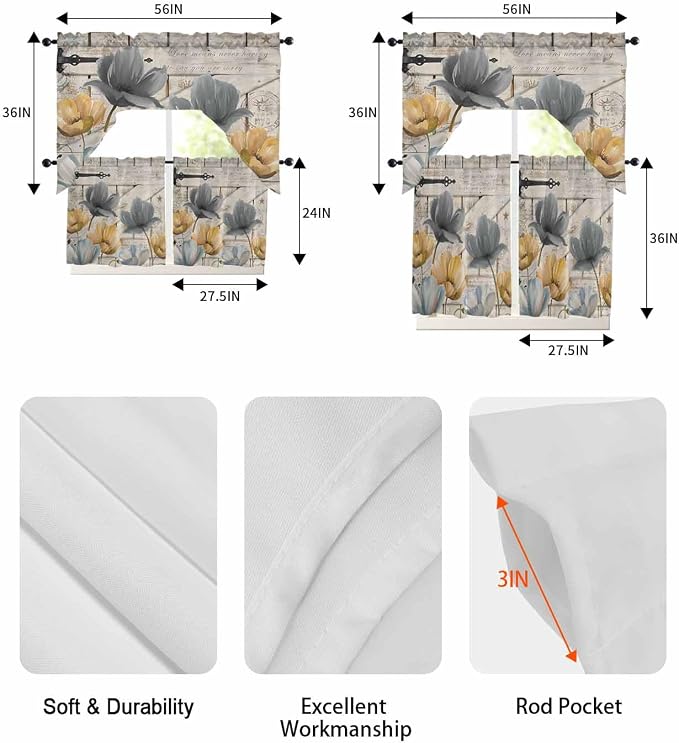 Vintage Tulip Swag Kitchen Curtains Valance and Tier Set, Farmhouse Retro Blue - Image 6