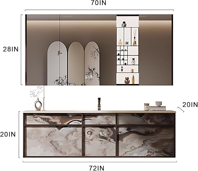 72IN Modern Bathroom Vanity with Sink - Bathroom Vanity with 2 Drawer Organizer, LED Mirror Lights & Defogging Function | Wall - Mounted Vanity with Silver Sink Faucet