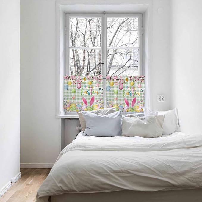 Happy Easter Half Window Curtains 24 Inches Long, Spring Bunny Eggs Flower Sage - Image 5