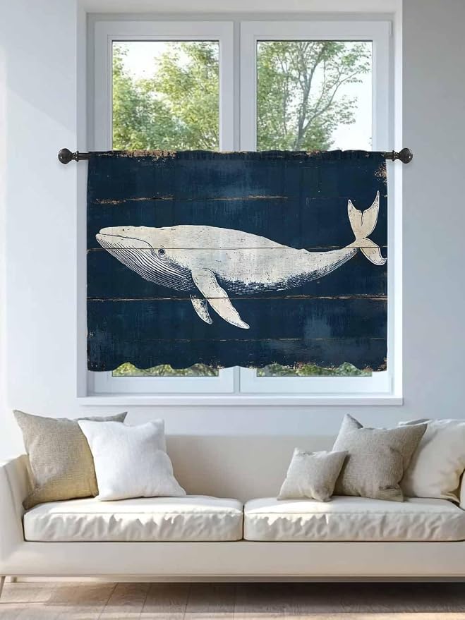 Sheer Curtains 54 Inch Length, Ocean Whale Blue Semi Sheer Curtains Light - Image 4