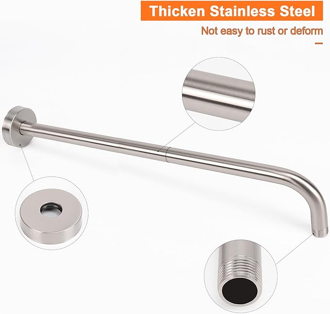 HarJue Shower Arm with Flange and Teflon Tape, Wall Mounted Shower Pipe 304 Stainless Steel Extension Arm for Fixed Shower Head & Handheld (20 Inch, Brushed Nickel)
