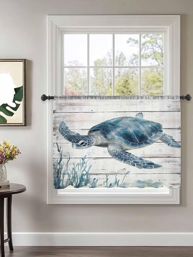Sheer Curtains 54 Inch Length, Ocean Sea Turtle Semi Sheer Curtains Light - Image 2