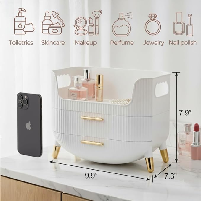 Makeup Organizer with Drawers, Skincare Storage Box for Vanity, Multiple Compartments, Portable Cosmetic Display Case with Handle, Large Make up Organizers for Dresser, Bathroom, Bedroom, Pink