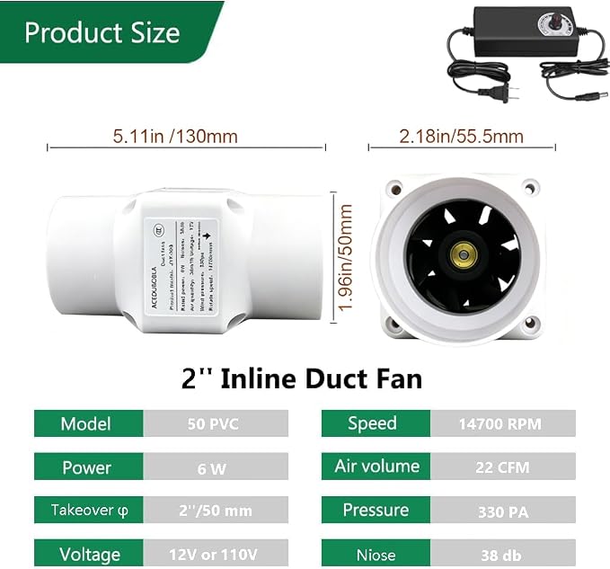 2'' Duct Fan for Adjustable Speed, 22 CFM Duct Intake High Efficiency Air Fan - Image 2