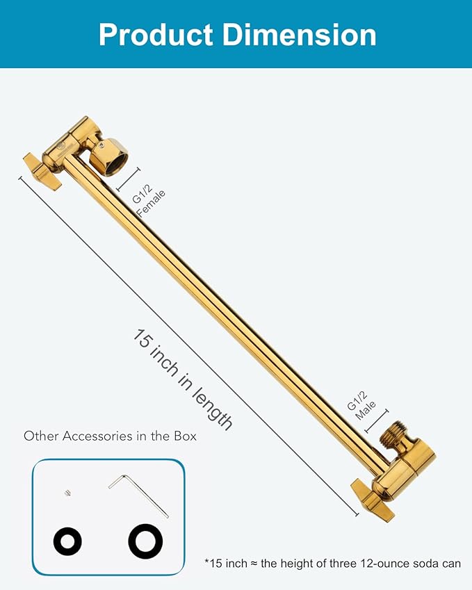 15 Inch Extra Long Adjustable Shower Head Extension Arm With Locking Set Screw, Singing Rain Brass Angle Height Adjustable, Easy To Install, G1/2 Universal Connector Compatible (Egyptian Gold)