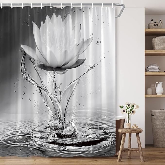 Lotus Shower Curtain Black White Grey Flower Elegant Blooming Floral with Dew Spring Flower Reflection on Water Modern Romantic Polyester Fabric Bathroom Decor 108×70 Inch with Hook