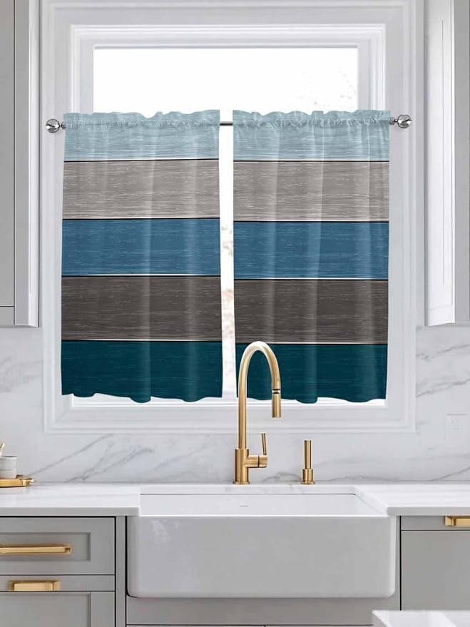 Retro Farm Blue Gray Wood Grain Window Valance Curtains, Rustic Wooden Plank - Image 3