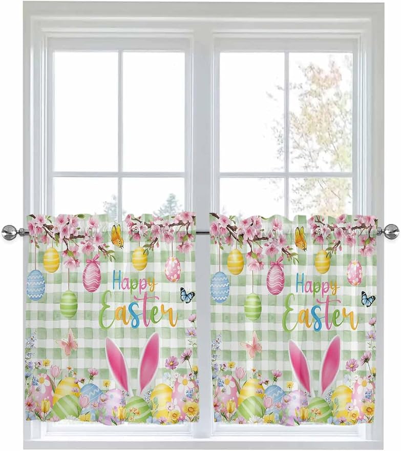 Happy Easter Half Window Curtains 24 Inches Long, Spring Bunny Eggs Flower Sage by Unknown