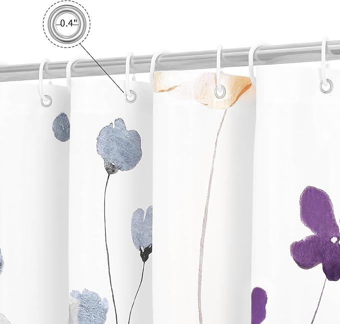 Gibelle Long Shower Curtain 72 x 78, Watercolor Floral Fabric Shower Curtain, Purple Beige Flower Decorative Bathroom Shower Curtain Set