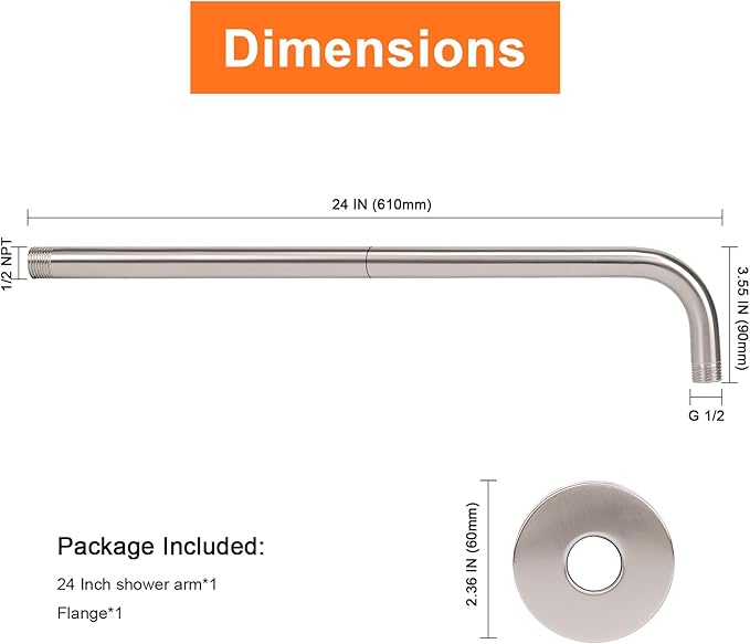 HarJue Shower Arm with Flange and Teflon Tape, Wall Mounted Shower Pipe 304 Stainless Steel Extension Arm for Fixed Shower Head & Handheld (24 Inch, Brushed Nickel)