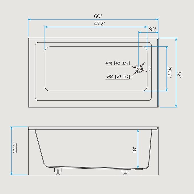 60x32 Inch Acrylic Bathtub, Single Apron Alcove Soaking Tub with Right-Side Overflow & Drain, Space-Saving Built-In Design, Easy Install for Modern Bathrooms