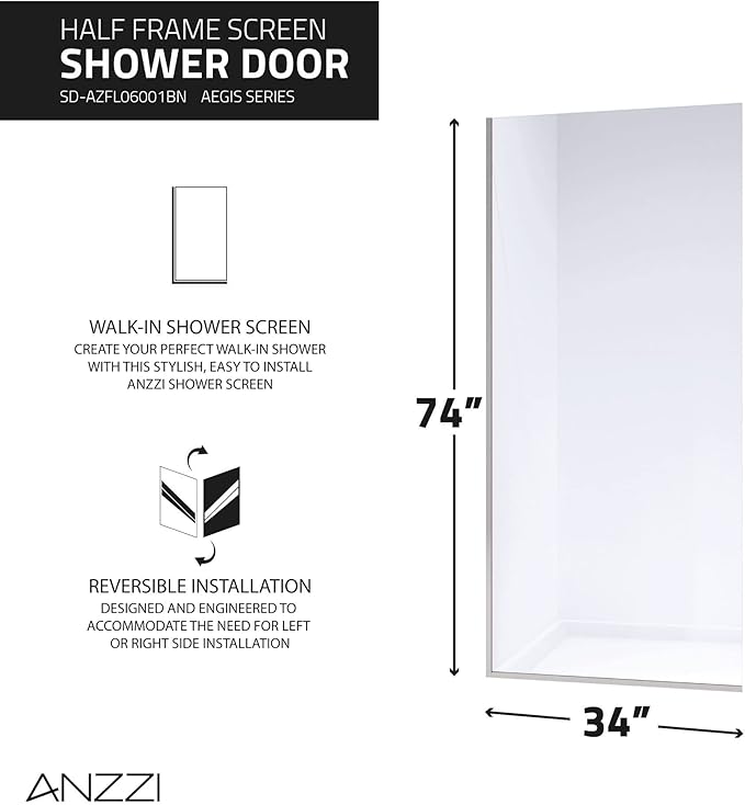 ANZZI 74 X 34 Inch Frameless Fixed Glass Shower Screen Shower Door in Brushed Nickel, Screen Water Repellent Clear Tempered Glass Single Panel for Shower Room, Glass Screen Frame Hardware Complete Kit