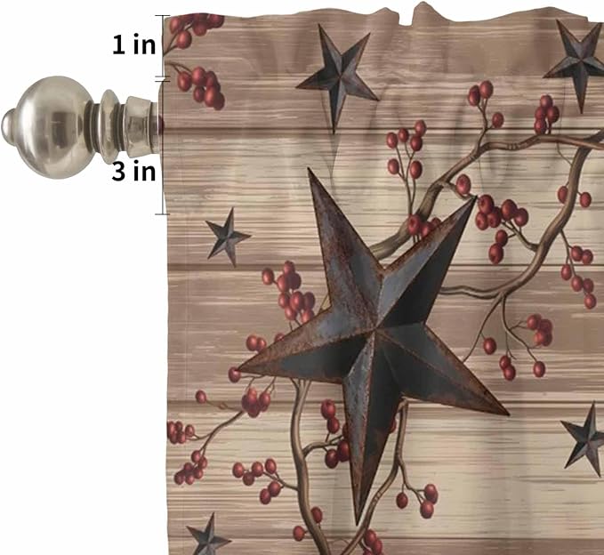 Kitchen Curtains Tiers and Valance Set of 3, Farmhouse Star Brown Light - Image 5