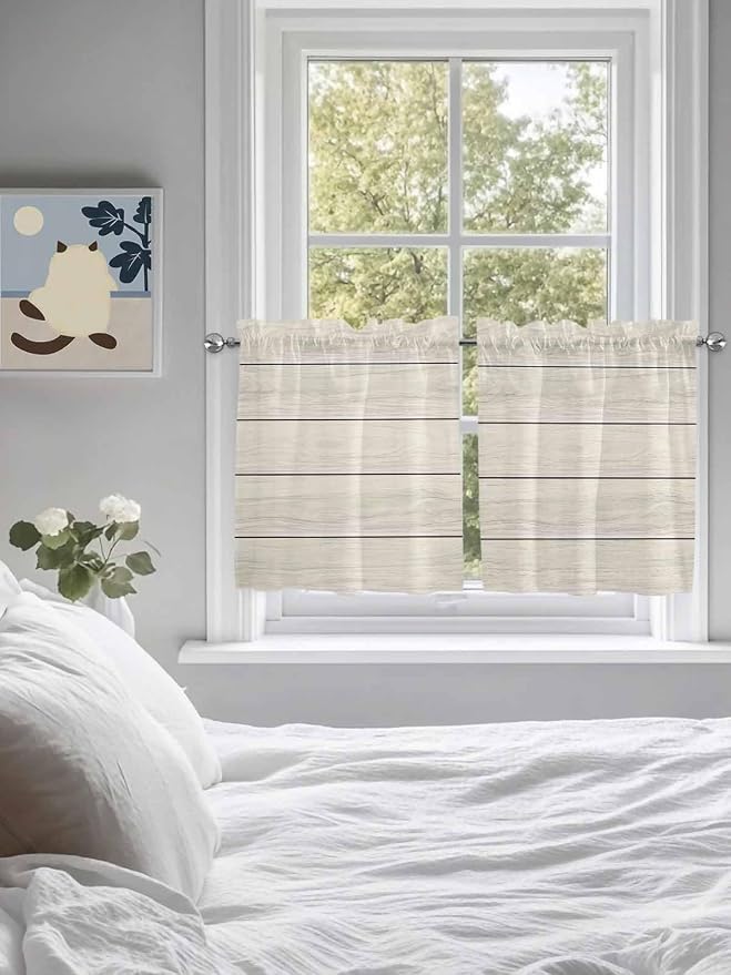 Vintage Country Wooden Board Window Valance Curtains, Gradient Wood Grain Line - Image 4