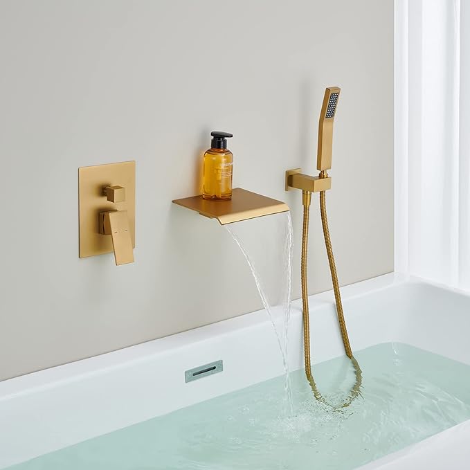 Wall Mount Tub Filler Waterfall Tub Faucet Brushed Gold Bathtub Faucet Brass Single Handle Bathroom Faucet with Hand Shower
