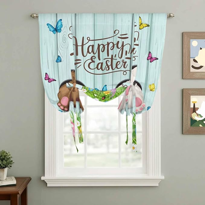 Tie Up Curtains, Happy Easter Bunny Butt Egg Floral Adjustable Rod Pocket - Image 2