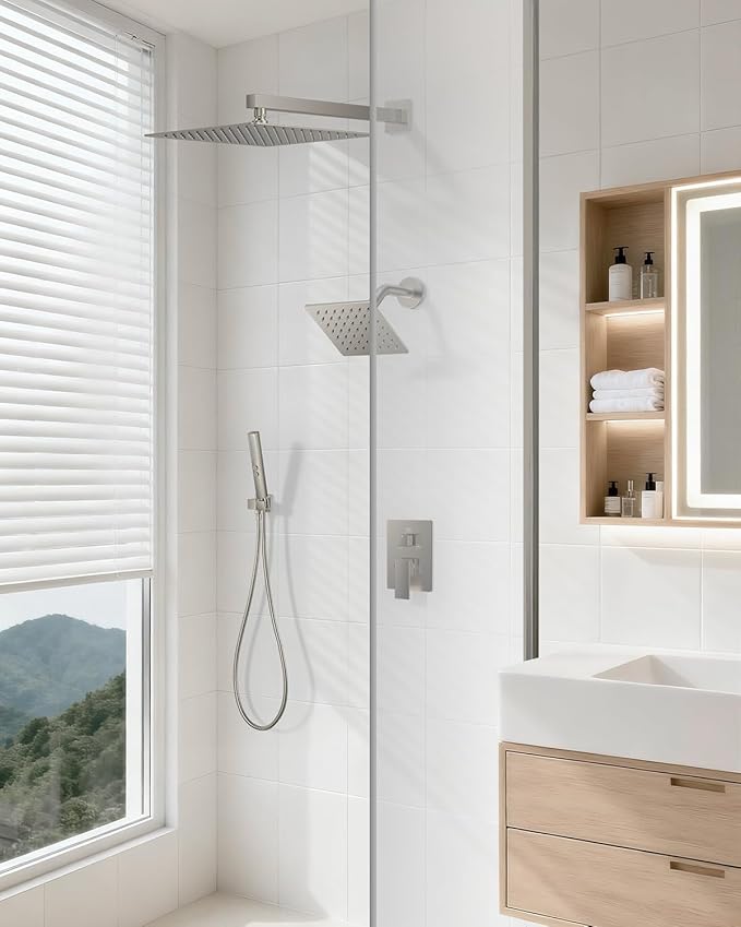 Shower Faucet Set, Wall Mount Shower System 12-inch & 6-inch Dual Shower Head Set with 2 in 1 Handheld Spray Rain Shower Faucet with Rough-in Valve and Shower Trim Kit, Brushed Nickel