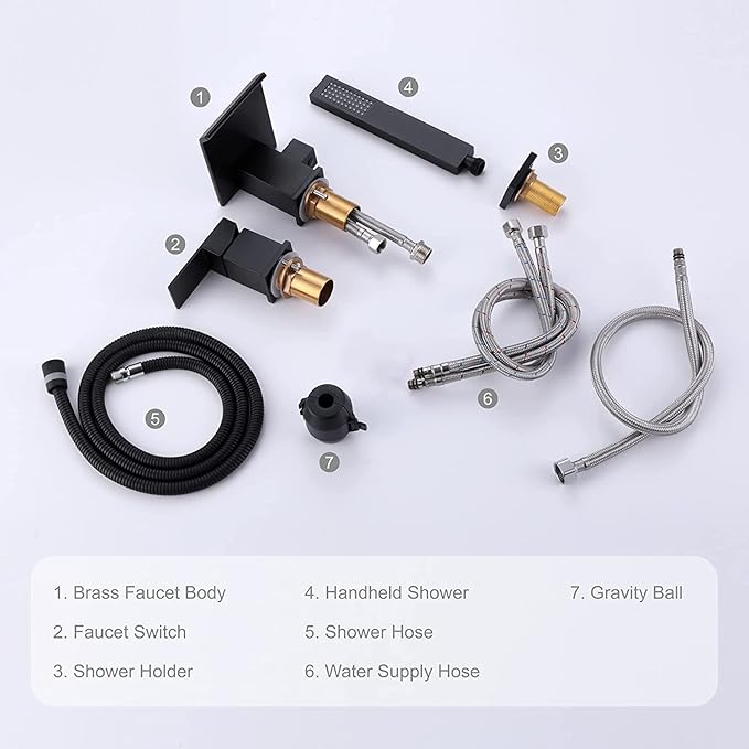 TapLong Modern Roman Tub Faucet with Hand Shower, Waterfall Deck Mount Bathtub Filler Faucet with Sprayer, Widespread 3-Holes Tub Shower Faucet Set in Matte Black, 02763B