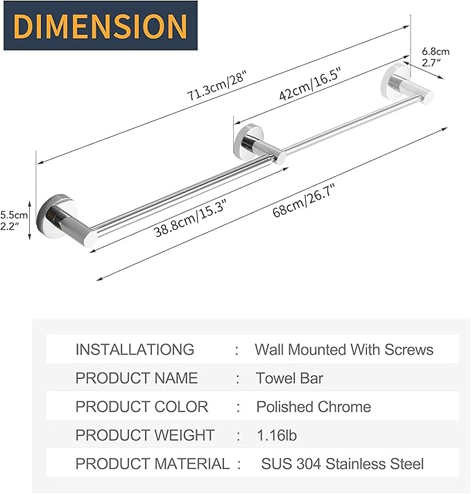 BESy Adjustable 15.9 to 28.6 Inch Single Bath Towel Bar Rack for Bathroom Accessories SUS304 Stainless Steel Towel Holder, Wall Mount with Screws Hand Towel Bar Rod Hotel Style, Polished Chrome