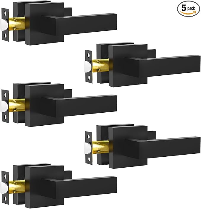 Passage Door Lever, 5 Pack Matte Black Interior Door Handles for Hallway and Closet, Heavy Duty Square Interior Keyless Door Handles Non-Locking Door Knobs for Right & Left Side Door